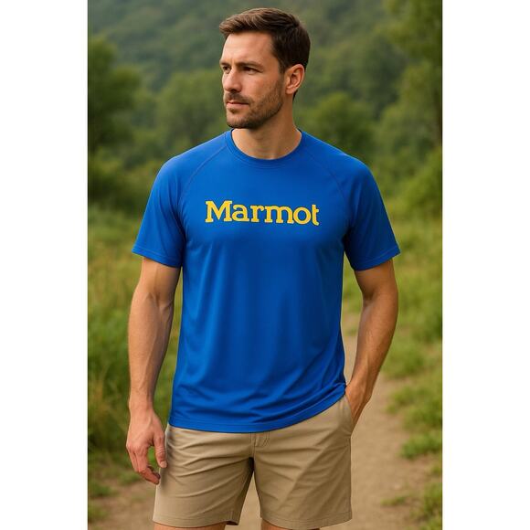 Marmot Wndrdg Graphic T-Shirt Men’s M Trail Blue Logo Outdoor Hiking Tee NWT - Picture 1 of 11